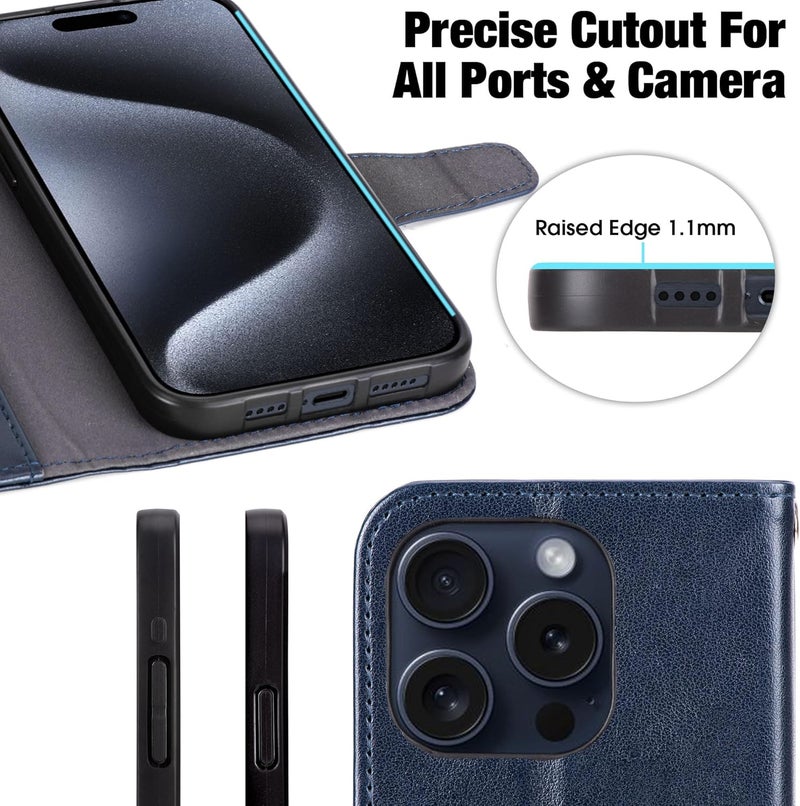 Arae Compatible with iPhone 15 Pro Case with Card Holder and Wrist Strap Wallet Flip Cover for iPhone 15 Pro 6.1 inch,Blue - Image 5